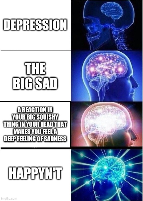 :c | DEPRESSION; THE BIG SAD; A REACTION IN YOUR BIG SQUISHY THING IN YOUR HEAD THAT MAKES YOU FEEL A DEEP FEELING OF SADNESS; HAPPYN'T | image tagged in memes,expanding brain | made w/ Imgflip meme maker