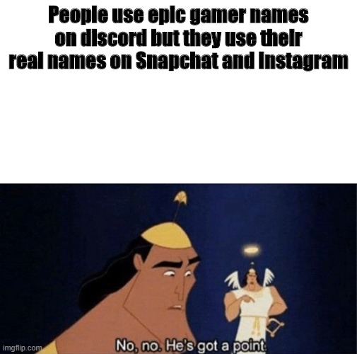 No no he's got a point | People use epic gamer names on discord but they use their real names on Snapchat and Instagram | image tagged in no no he's got a point | made w/ Imgflip meme maker