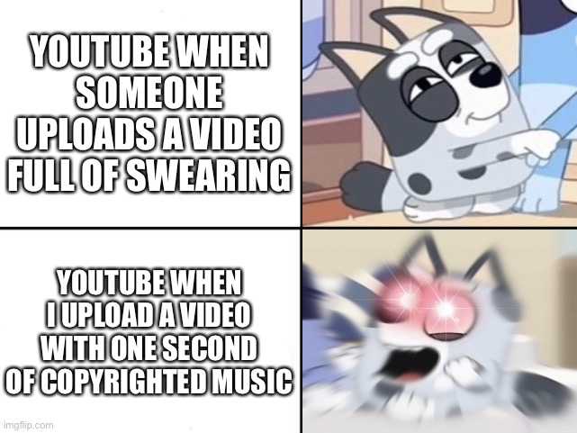 Muffin Moods | YOUTUBE WHEN SOMEONE UPLOADS A VIDEO FULL OF SWEARING; YOUTUBE WHEN I UPLOAD A VIDEO WITH ONE SECOND OF COPYRIGHTED MUSIC | image tagged in muffin moods | made w/ Imgflip meme maker