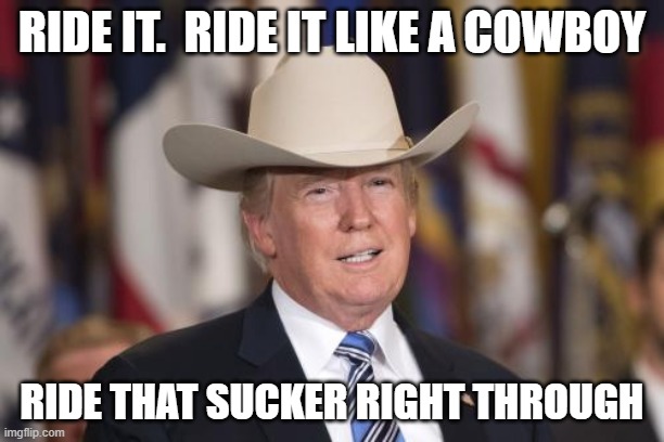 Cowboy Trump | RIDE IT.  RIDE IT LIKE A COWBOY; RIDE THAT SUCKER RIGHT THROUGH | image tagged in cowboy trump | made w/ Imgflip meme maker