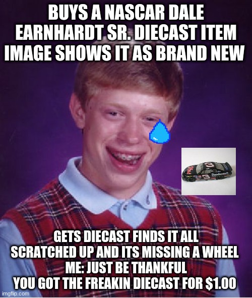 Bad Luck Brian | BUYS A NASCAR DALE EARNHARDT SR. DIECAST ITEM IMAGE SHOWS IT AS BRAND NEW; GETS DIECAST FINDS IT ALL SCRATCHED UP AND ITS MISSING A WHEEL 
ME: JUST BE THANKFUL YOU GOT THE FREAKIN DIECAST FOR $1.00 | image tagged in memes,bad luck brian | made w/ Imgflip meme maker