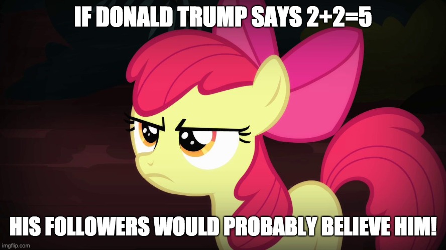Angry Applebloom | IF DONALD TRUMP SAYS 2+2=5 HIS FOLLOWERS WOULD PROBABLY BELIEVE HIM! | image tagged in angry applebloom | made w/ Imgflip meme maker