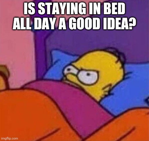 angry homer simpson in bed | IS STAYING IN BED ALL DAY A GOOD IDEA? | image tagged in angry homer simpson in bed | made w/ Imgflip meme maker