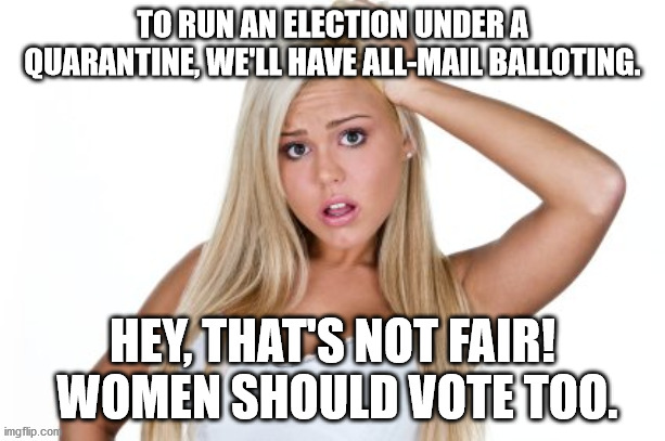 Dumb Blonde | TO RUN AN ELECTION UNDER A QUARANTINE, WE'LL HAVE ALL-MAIL BALLOTING. HEY, THAT'S NOT FAIR!  WOMEN SHOULD VOTE TOO. | image tagged in dumb blonde | made w/ Imgflip meme maker
