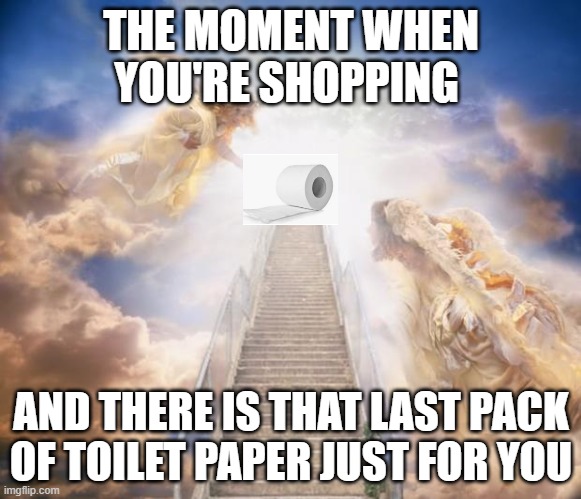 stairs to heaven | THE MOMENT WHEN YOU'RE SHOPPING; AND THERE IS THAT LAST PACK OF TOILET PAPER JUST FOR YOU | image tagged in stairs to heaven | made w/ Imgflip meme maker