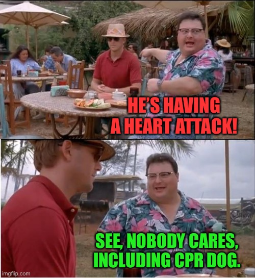 See Nobody Cares Meme | HE’S HAVING A HEART ATTACK! SEE, NOBODY CARES, INCLUDING CPR DOG. | image tagged in memes,see nobody cares | made w/ Imgflip meme maker