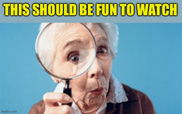 Old lady magnifying glass | THIS SHOULD BE FUN TO WATCH | image tagged in old lady magnifying glass | made w/ Imgflip meme maker