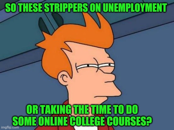 Futurama Fry | SO THESE STRIPPERS ON UNEMPLOYMENT; OR TAKING THE TIME TO DO SOME ONLINE COLLEGE COURSES? | image tagged in memes,futurama fry | made w/ Imgflip meme maker