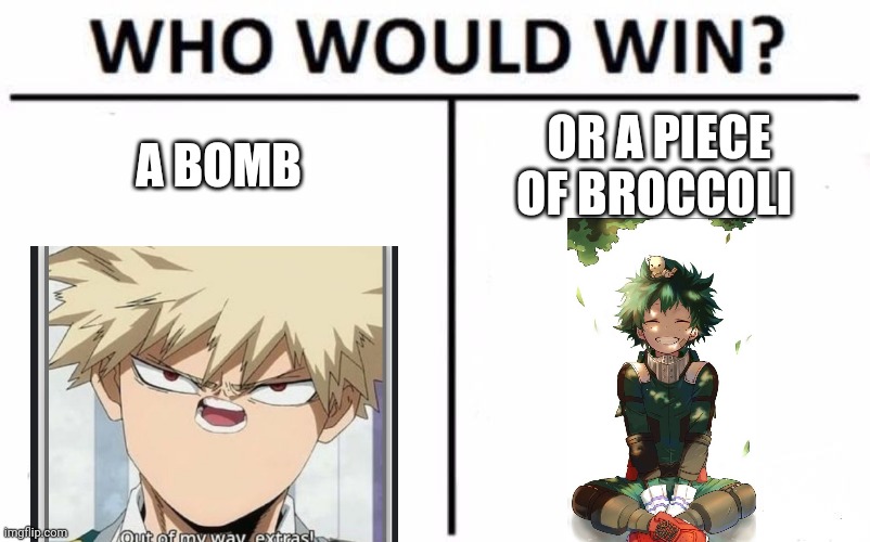 Who Would Win? Meme | A BOMB; OR A PIECE OF BROCCOLI | image tagged in memes,who would win,lol,mha | made w/ Imgflip meme maker