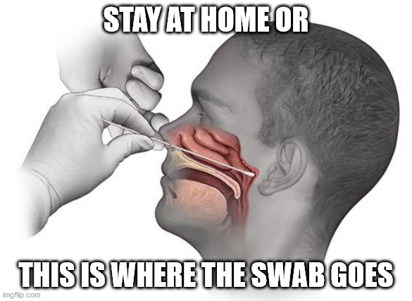 Stay at home or this is where the swab goes | STAY AT HOME OR; THIS IS WHERE THE SWAB GOES | image tagged in medical,covid-19,isolation | made w/ Imgflip meme maker