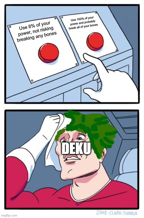 Two Buttons Meme | Use 100% of your power and probably break all of your bones; Use 8% of your power, not risking breaking any bones; DEKU | image tagged in memes,two buttons | made w/ Imgflip meme maker