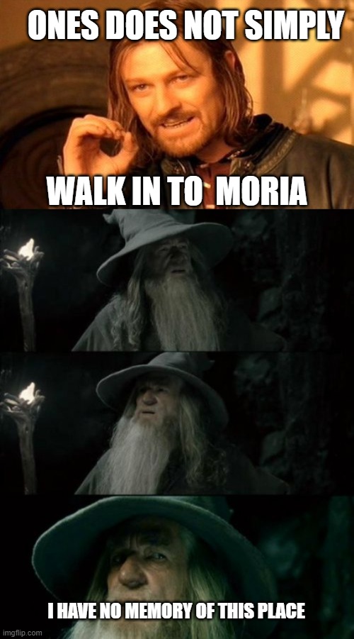 ONES DOES NOT SIMPLY; WALK IN TO  MORIA; I HAVE NO MEMORY OF THIS PLACE | image tagged in memes,one does not simply,confused gandalf | made w/ Imgflip meme maker