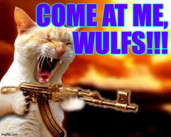 machine gun cat | COME AT ME,
WULFS!!! | image tagged in machine gun cat | made w/ Imgflip meme maker