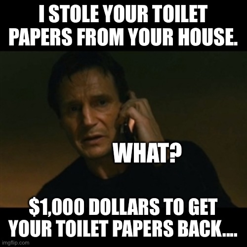 Liam Neeson Taken | I STOLE YOUR TOILET PAPERS FROM YOUR HOUSE. WHAT? $1,000 DOLLARS TO GET YOUR TOILET PAPERS BACK.... | image tagged in memes,liam neeson taken,toilet paper,stole | made w/ Imgflip meme maker