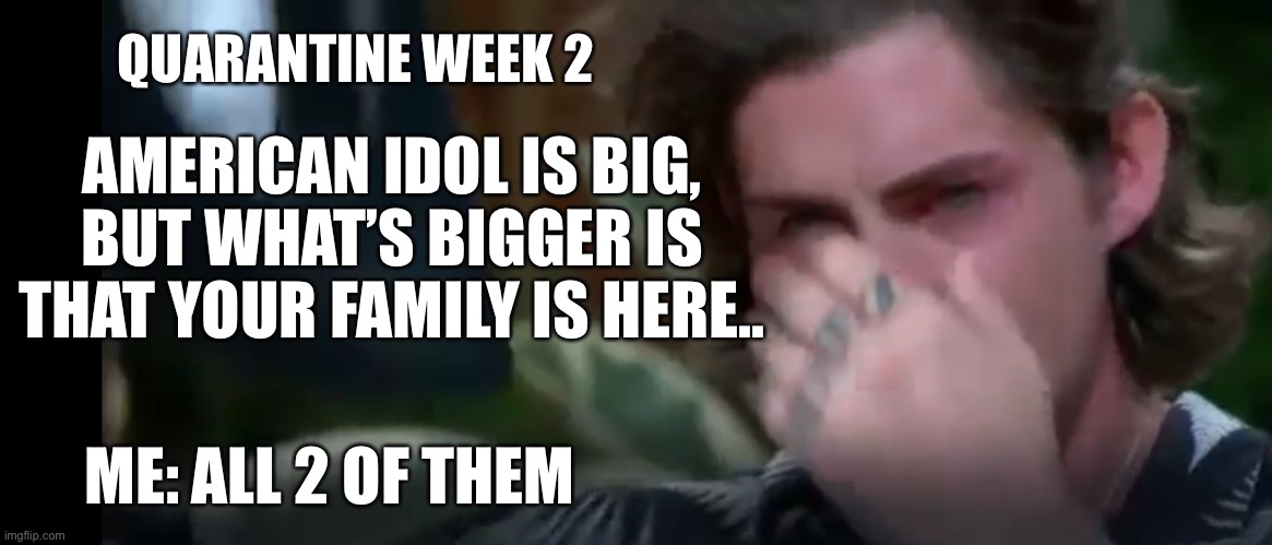 Quarantine Week 2 | QUARANTINE WEEK 2; AMERICAN IDOL IS BIG, BUT WHAT’S BIGGER IS THAT YOUR FAMILY IS HERE.. ME: ALL 2 OF THEM | image tagged in quarantine,coronavirus,american idol,idol,funny memes,memes | made w/ Imgflip meme maker