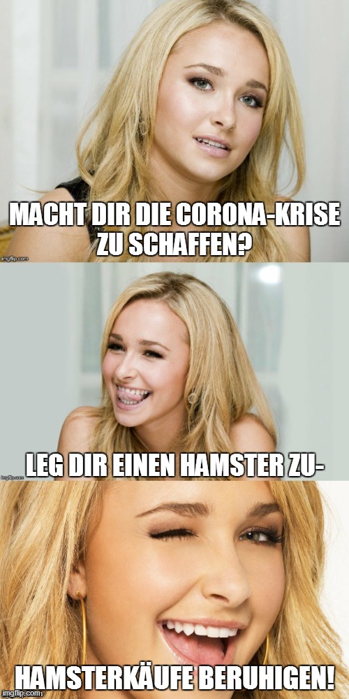 Hamsterkäufe | MACHT DIR DIE CORONA-KRISE
ZU SCHAFFEN? LEG DIR EINEN HAMSTER ZU-; HAMSTERKÄUFE BERUHIGEN! | image tagged in bad pun hayden panettiere,coronavirus,panic buying,memes | made w/ Imgflip meme maker