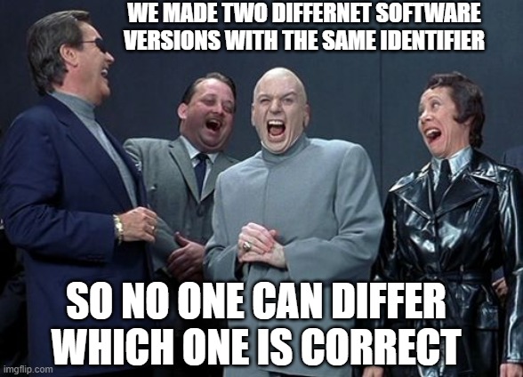 Laughing Villains | WE MADE TWO DIFFERNET SOFTWARE VERSIONS WITH THE SAME IDENTIFIER; SO NO ONE CAN DIFFER WHICH ONE IS CORRECT | image tagged in memes,laughing villains | made w/ Imgflip meme maker