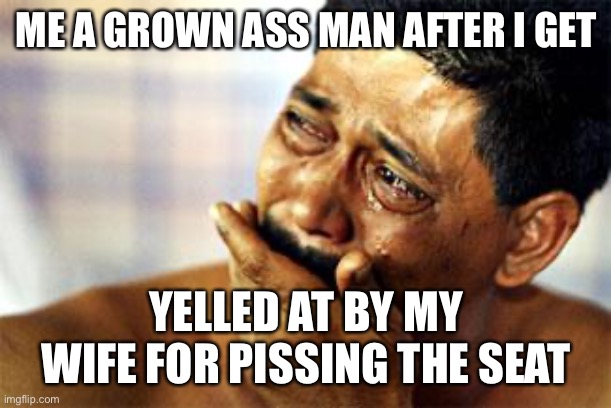  black man crying | ME A GROWN ASS MAN AFTER I GET; YELLED AT BY MY WIFE FOR PISSING THE SEAT | image tagged in funny,funny memes,battered husband,dank memes,dank,memes | made w/ Imgflip meme maker