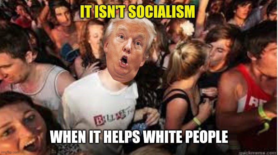 Suddenly clear Donald | IT ISN'T SOCIALISM; WHEN IT HELPS WHITE PEOPLE | image tagged in suddenly clear donald | made w/ Imgflip meme maker
