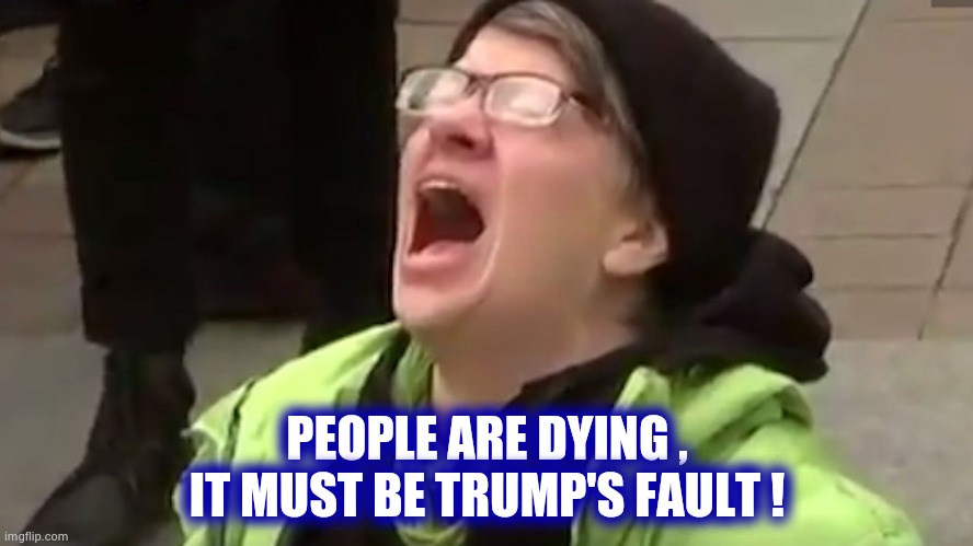 Screaming Liberal  | PEOPLE ARE DYING ,
IT MUST BE TRUMP'S FAULT ! | image tagged in screaming liberal | made w/ Imgflip meme maker