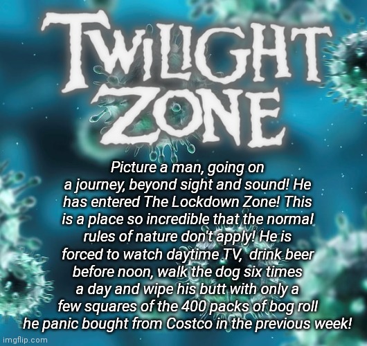 The Covid Zone | Picture a man, going on a journey, beyond sight and sound! He has entered The Lockdown Zone! This is a place so incredible that the normal rules of nature don't apply! He is forced to watch daytime TV,  drink beer before noon, walk the dog six times a day and wipe his butt with only a few squares of the 400 packs of bog roll he panic bought from Costco in the previous week! | image tagged in quarantine,covid-19,coronavirus,isolation,the twilight zone,pandemic | made w/ Imgflip meme maker