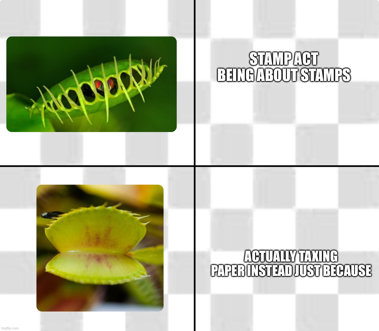Venus Fly Trap Format | STAMP ACT BEING ABOUT STAMPS; ACTUALLY TAXING PAPER INSTEAD JUST BECAUSE | image tagged in venus fly trap format | made w/ Imgflip meme maker