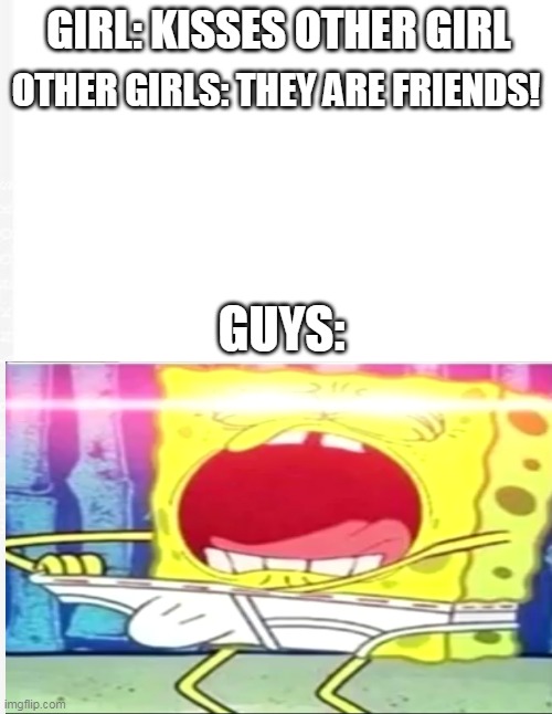 Blank Meme | GIRL: KISSES OTHER GIRL; OTHER GIRLS: THEY ARE FRIENDS! GUYS: | image tagged in blank meme | made w/ Imgflip meme maker