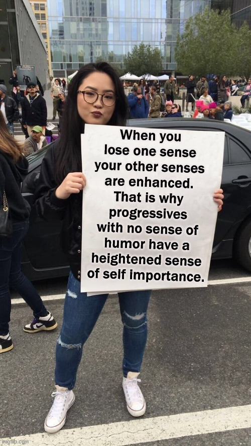 Progressives I met do not have a sense of humor. | When you lose one sense your other senses are enhanced. That is why progressives with no sense of humor have a heightened sense of self importance. | image tagged in protestor,sense of humor,overly sensitive | made w/ Imgflip meme maker
