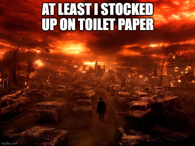 apocalypse | AT LEAST I STOCKED UP ON TOILET PAPER | image tagged in apocalypse | made w/ Imgflip meme maker