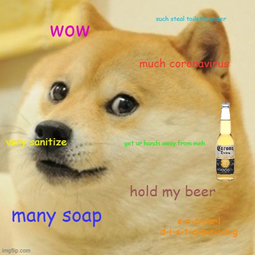 Doge | such steal toilette paper; wow; much coronavirus; very sanitize; get ur hands away from meh; hold my beer; many soap; s-o-c-i-a-l d-i-s-t-a-n-c-i-n-g | image tagged in memes,doge | made w/ Imgflip meme maker