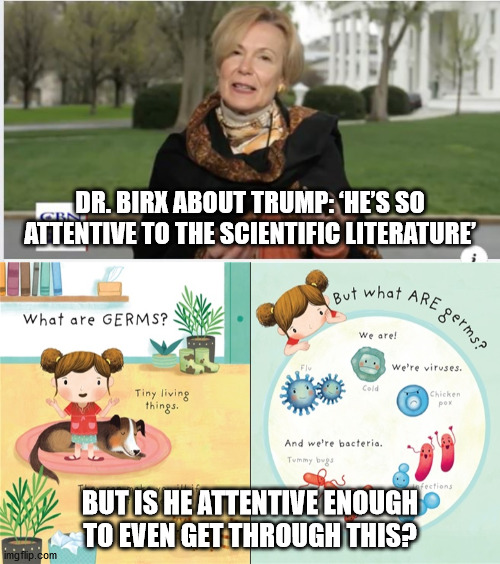 Trump's attention to scientific literature | DR. BIRX ABOUT TRUMP: ‘HE’S SO ATTENTIVE TO THE SCIENTIFIC LITERATURE’; BUT IS HE ATTENTIVE ENOUGH TO EVEN GET THROUGH THIS? | image tagged in covid-19,trump,attention | made w/ Imgflip meme maker