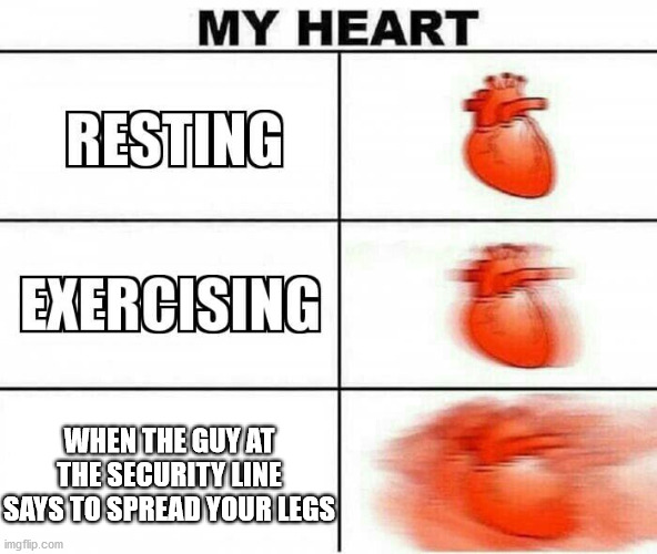 MY HEART | WHEN THE GUY AT THE SECURITY LINE SAYS TO SPREAD YOUR LEGS | image tagged in my heart | made w/ Imgflip meme maker