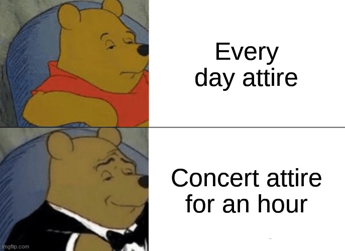 Tuxedo Winnie The Pooh Meme | Every day attire; Concert attire for an hour | image tagged in memes,tuxedo winnie the pooh | made w/ Imgflip meme maker