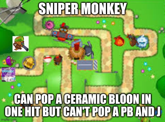 pb and j and sniper monkey | SNIPER MONKEY; CAN POP A CERAMIC BLOON IN ONE HIT BUT CAN'T POP A PB AND J | image tagged in sniper monkey | made w/ Imgflip meme maker