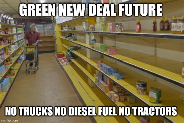 Green New deal is here | GREEN NEW DEAL FUTURE; NO TRUCKS NO DIESEL FUEL NO TRACTORS | image tagged in alexandria ocasio-cortez,food | made w/ Imgflip meme maker