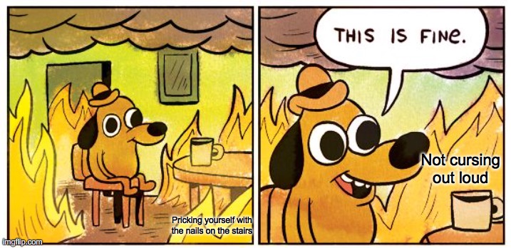 This Is Fine | Not cursing out loud; Pricking yourself with the nails on the stairs | image tagged in memes,this is fine | made w/ Imgflip meme maker