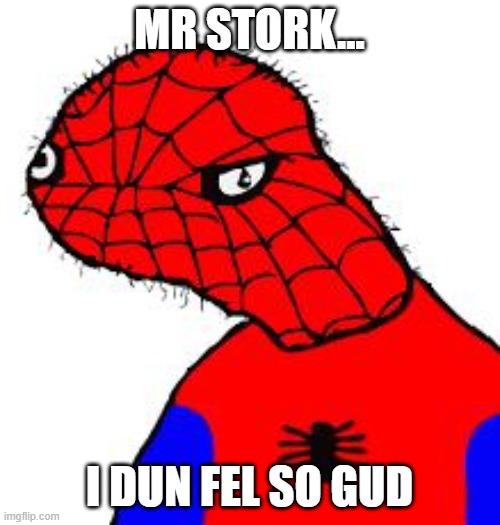 Spooderman | MR STORK... I DUN FEL SO GUD | image tagged in spooderman | made w/ Imgflip meme maker