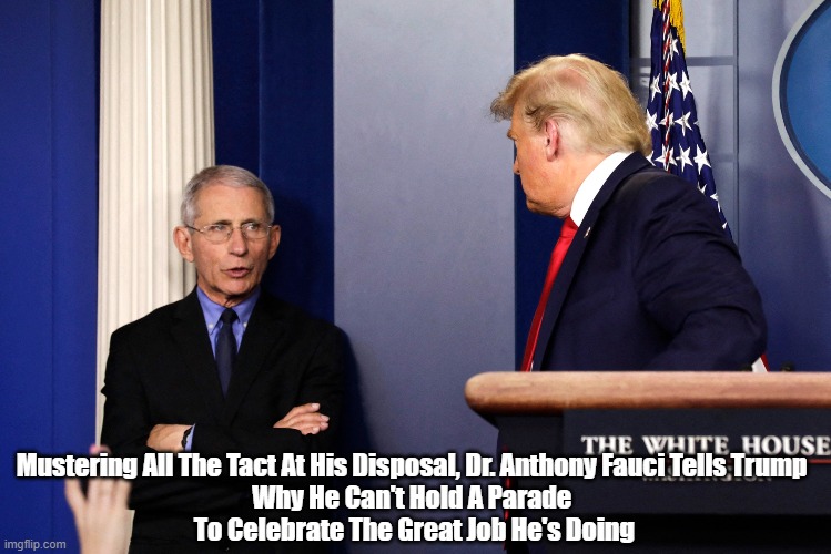 Mustering All The Tact At His Disposal, Dr. Anthony Fauci Tells Trump 
Why He Can't Hold A Parade 
To Celebrate The Great Job He's Doing | made w/ Imgflip meme maker
