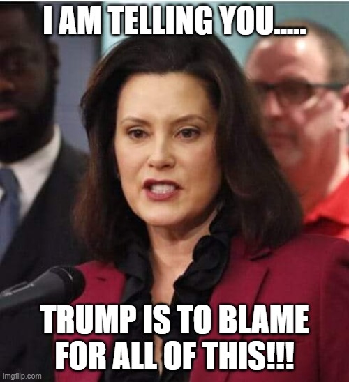 Gov whitmer | I AM TELLING YOU..... TRUMP IS TO BLAME FOR ALL OF THIS!!! | image tagged in gov whitmer | made w/ Imgflip meme maker