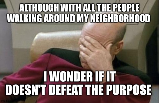 Captain Picard Facepalm Meme | ALTHOUGH WITH ALL THE PEOPLE WALKING AROUND MY NEIGHBORHOOD I WONDER IF IT DOESN'T DEFEAT THE PURPOSE | image tagged in memes,captain picard facepalm | made w/ Imgflip meme maker