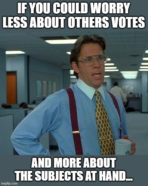 That Would Be Great Meme | IF YOU COULD WORRY LESS ABOUT OTHERS VOTES AND MORE ABOUT THE SUBJECTS AT HAND... | image tagged in memes,that would be great | made w/ Imgflip meme maker