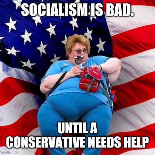 Conservative moocher | SOCIALISM IS BAD. UNTIL A CONSERVATIVE NEEDS HELP | image tagged in obese conservative american woman,conservatives,communist socialist,trump supporters,liberals | made w/ Imgflip meme maker