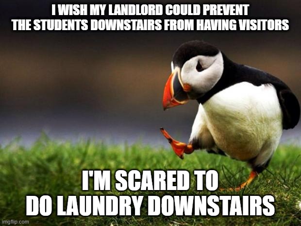 Unpopular Opinion Puffin Meme | I WISH MY LANDLORD COULD PREVENT THE STUDENTS DOWNSTAIRS FROM HAVING VISITORS; I'M SCARED TO DO LAUNDRY DOWNSTAIRS | image tagged in memes,unpopular opinion puffin | made w/ Imgflip meme maker