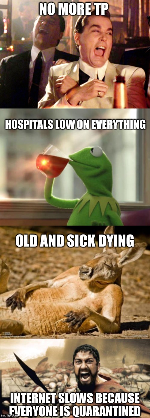 Real life |  NO MORE TP; HOSPITALS LOW ON EVERYTHING; OLD AND SICK DYING; INTERNET SLOWS BECAUSE EVERYONE IS QUARANTINED | image tagged in memes,sparta leonidas,chillin kangaroo,but thats none of my business neutral,good fellas hilarious | made w/ Imgflip meme maker