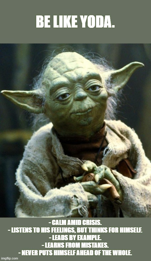 Star Wars Yoda | BE LIKE YODA. - CALM AMID CRISIS.
- LISTENS TO HIS FEELINGS, BUT THINKS FOR HIMSELF.
- LEADS BY EXAMPLE.
- LEARNS FROM MISTAKES.
- NEVER PUTS HIMSELF AHEAD OF THE WHOLE. | image tagged in memes,star wars yoda | made w/ Imgflip meme maker