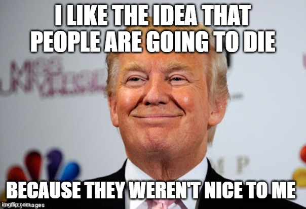 Donald trump approves | I LIKE THE IDEA THAT PEOPLE ARE GOING TO DIE BECAUSE THEY WEREN'T NICE TO ME | image tagged in donald trump approves | made w/ Imgflip meme maker