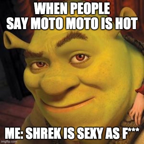 Shrek Sexy Face | WHEN PEOPLE SAY MOTO MOTO IS HOT; ME: SHREK IS SEXY AS F*** | image tagged in shrek sexy face | made w/ Imgflip meme maker