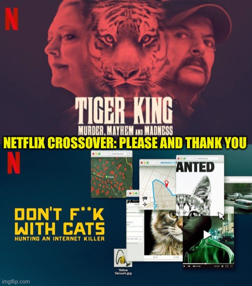 NETFLIX CROSSOVER: PLEASE AND THANK YOU | image tagged in tiger king,joe,carole,cats,tiger,netflix | made w/ Imgflip meme maker