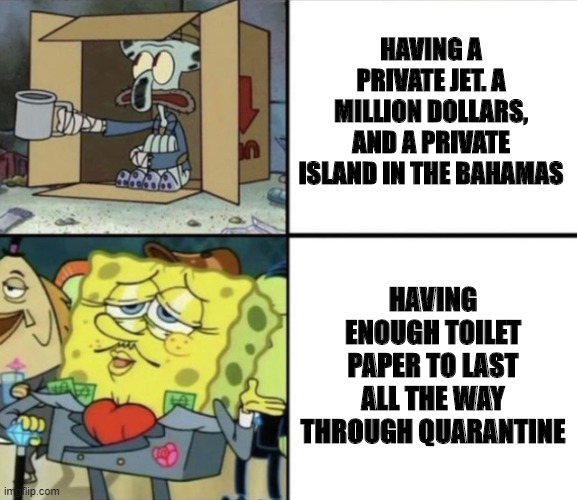 Poor Squidward vs Rich Spongebob | HAVING A PRIVATE JET. A MILLION DOLLARS, AND A PRIVATE ISLAND IN THE BAHAMAS; HAVING ENOUGH TOILET PAPER TO LAST ALL THE WAY THROUGH QUARANTINE | image tagged in poor squidward vs rich spongebob | made w/ Imgflip meme maker