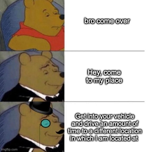 Tuxedo Winnie the Pooh (3 panel) | bro come over; Hey, come to my place; Get into your vehicle and drive an amount of time to a different location in which I am located at | image tagged in tuxedo winnie the pooh 3 panel | made w/ Imgflip meme maker